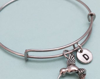 monogram charm bangle initial bracelet expandable bangle hummingbird charm bracelet personalized bracelet Hummingbird bangle