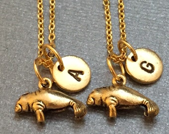bff necklace Best friend necklace friendship jewelry sister initial animal necklace personalized manatee necklace monogram