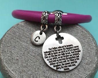 De lederen armband van Lord's Prayer, The Lord's prayer bedelarmband, lederen bangle, charme bangle, gepersonaliseerde armband, eerste, monogram