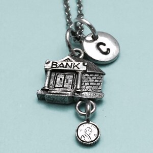Bank necklace, bank charm, place necklace, personalized necklace, initial necklace, initial charm, monogram