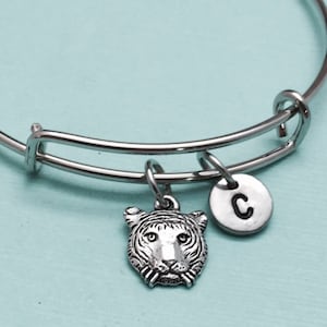 Tiger head bangle, tiger head charm bracelet, expandable bangle, charm bangle, personalized bracelet, initial bracelet, monogram