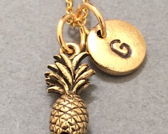 Pineapple necklace, pineapple charm, food necklace, personalized necklace, initial necklace, initial necklace, initial charm, monogram