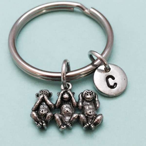 Three monkeys keychain, hear on evil speak no evil hear no evil, monkey keychain, animal keychain, personalized keychain, initial keychain