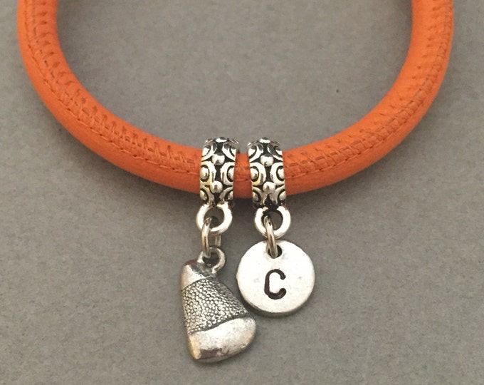 Candy corn leather bracelet, candy corn charm bracelet, leather bangle, personalized bracelet, initial bracelet, monogram