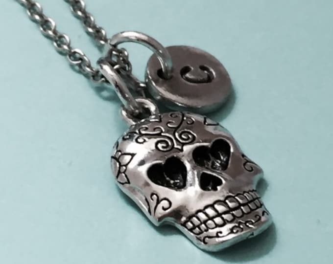 Sugar skull necklace, sugar skull charm, skull necklace, personalized necklace, initial necklace, initial charm, monogram