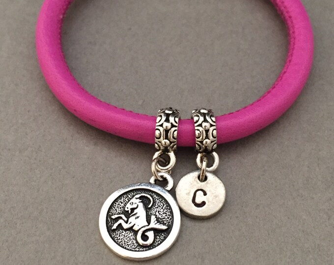 Capricorn leather bracelet, capricorn charm bracelet, leather bangle, personalized bracelet, initial bracelet, monogram