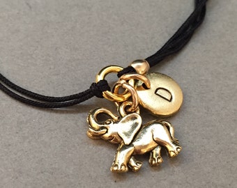 Pulsera de cordón de elefante, pulsera de encanto de elefante, pulsera ajustable, pulsera personalizada, pulsera inicial, encanto inicial, monograma