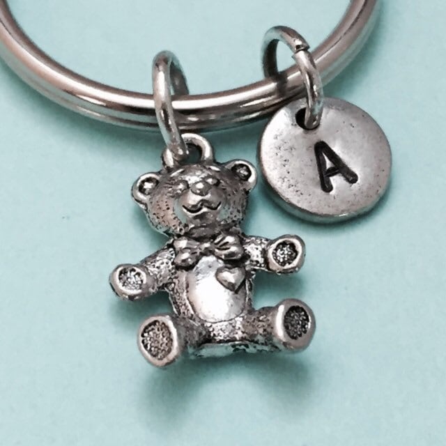 Teddy bear keychain, teddy bear charm, toy keychain, personalized keychain, initial keychain