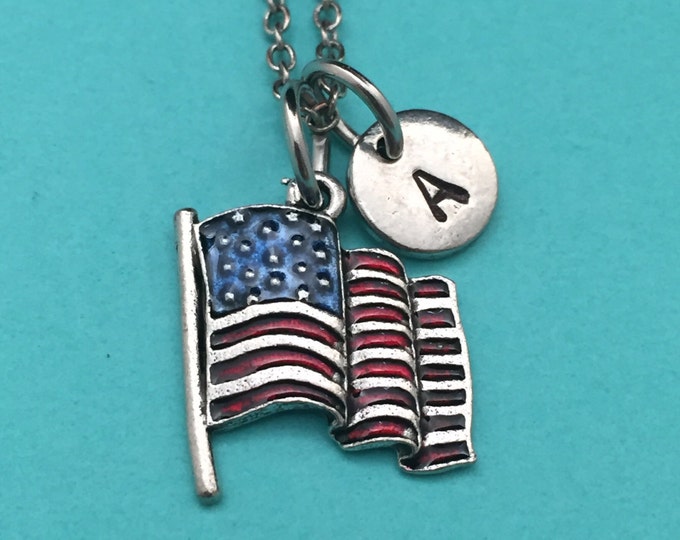 American flag necklace, American flag charm, patriotic necklace, personalized necklace, initial necklace, initial charm, monogram