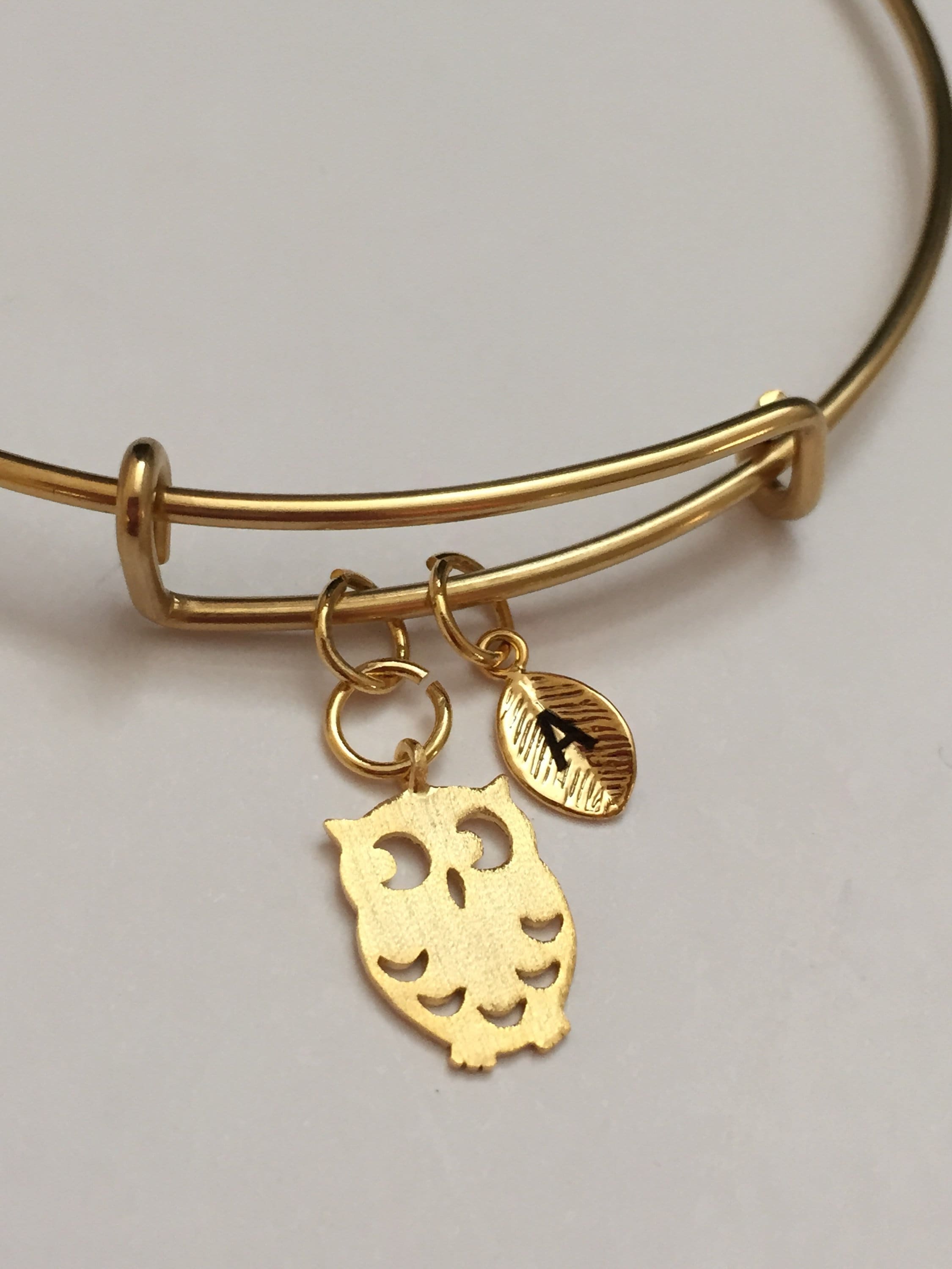 Owl bangle, owl charm bracelet, expandable bangle, charm bangle, personalized bracelet, initial brac