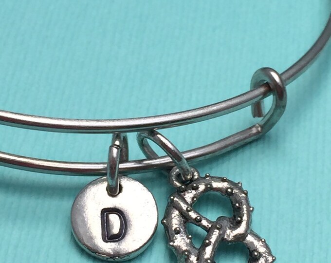 Pretzel bangle bracelet, pretzel charm bracelet, personalized bracelet, initial bracelet, gift for her, adjustable bracelet