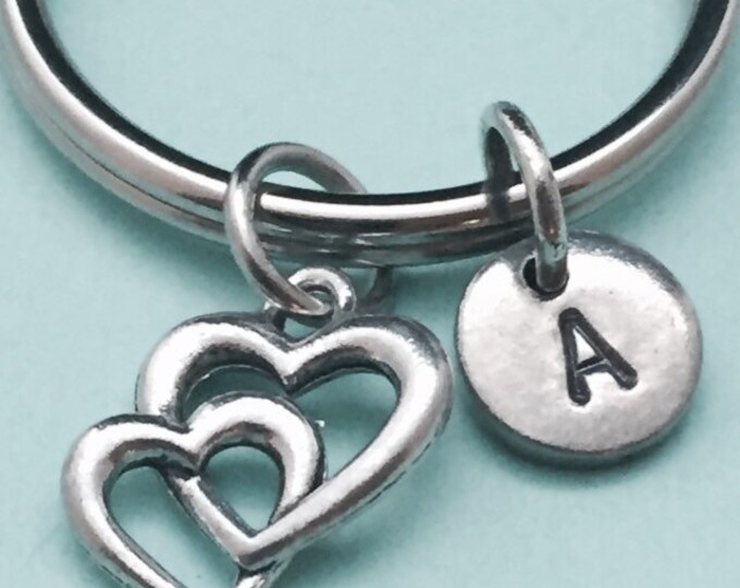 Two hearts keychain, two hearts charm, love keychain, personalized keychain, initial keychain, initial charm, customized, monogram