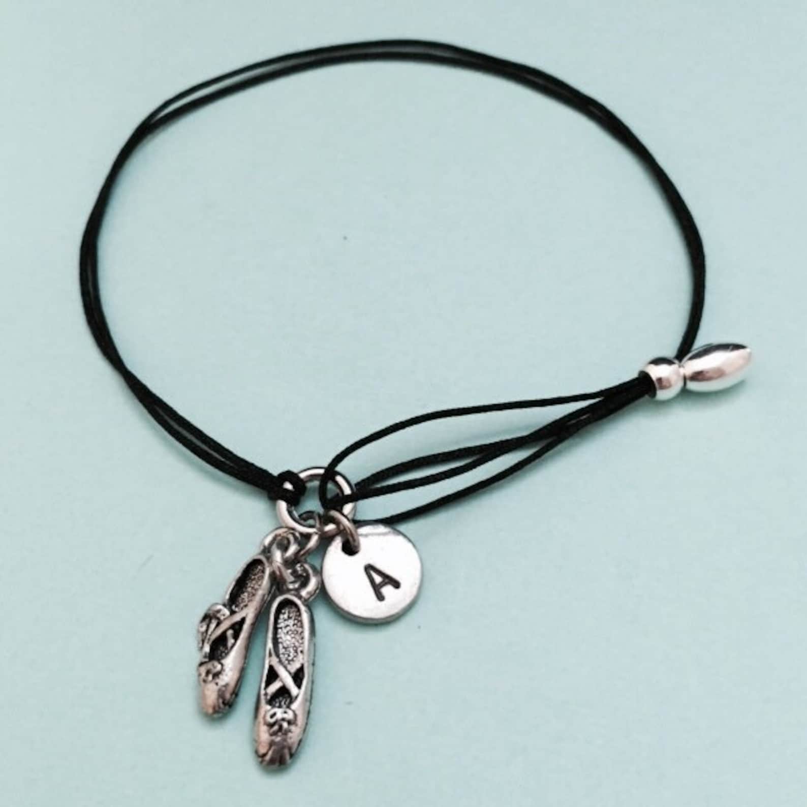 ballet shoes cord bracelet, ballet shoes charm bracelet, adjustable bracelet, charm bracelet, personalized bracelet, initial, mo
