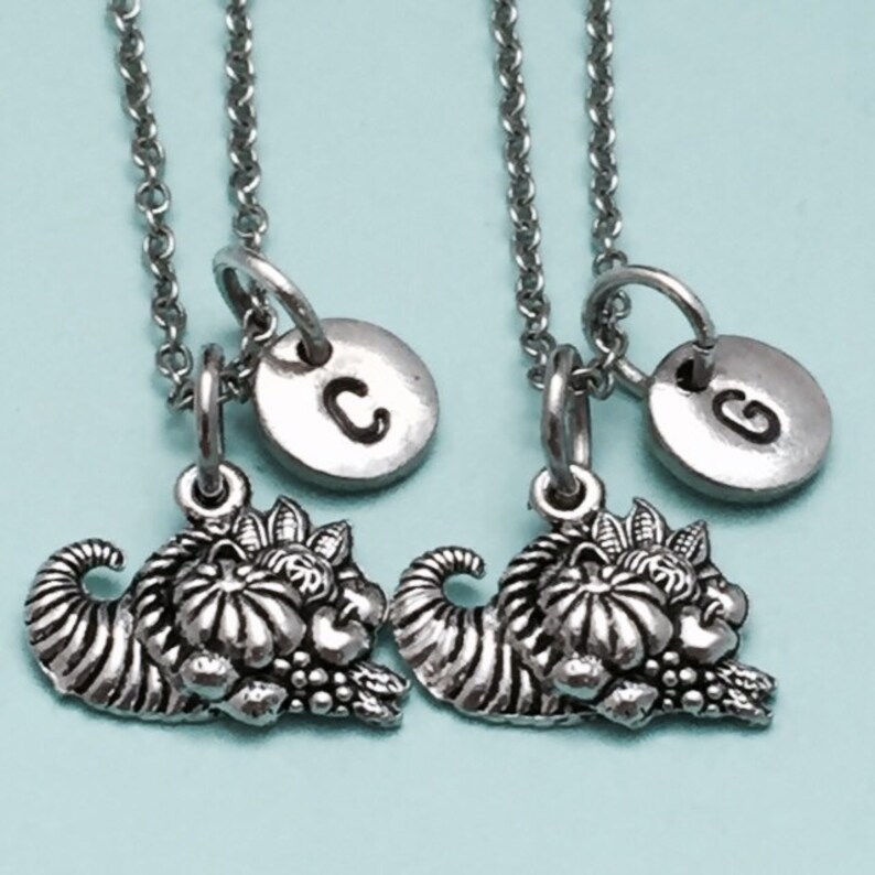 Best friend necklace thanksgiving necklace cornucopia necklace bff necklace sister monogram personalized initial friendship jewelry