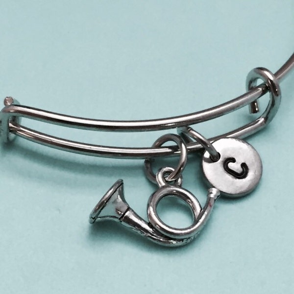 Hunting horn bangle, hunting horn charm bracelet, expandable bangle, charm bangle, personalized bracelet, initial bracelet, monogram