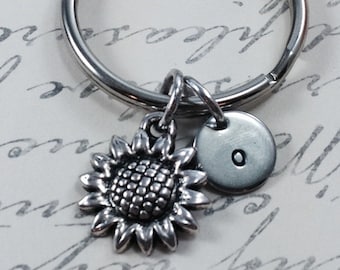 Sunflower keychain, flower keychain, initial keychain, personalized keychain, friend keychain, gift for her