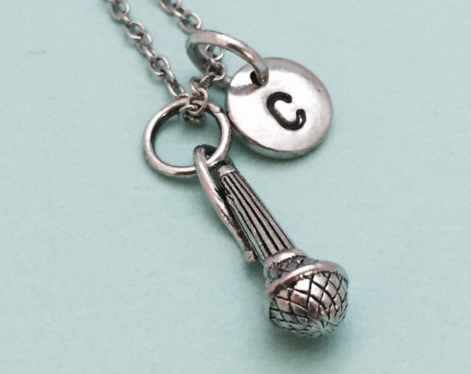 Microphone necklace, microphone charm, mic necklace, music, singing, personalized necklace, initial charm, initial necklace, monogram