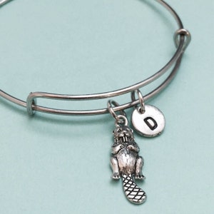 May include: A silver charm bracelet with a beaver charm and a silver charm with the letter D.