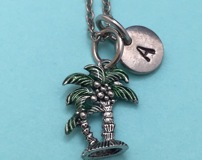 Palm tree necklace, palm tree charm, beach necklace, personalized necklace, initial necklace, initial charm, monogram