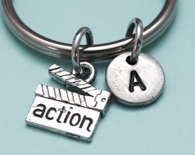 Clapperboard keychain, clapperboard charm, film keychain, personalized keychain, initial keychain, initial charm, customized, monogram