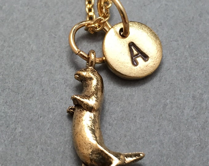 Otter necklace, otter charm, animal necklace, personalized necklace, initial necklace, initial charm, monogram