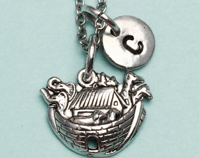 Noah's ark necklace, Noah's ark charm, religious necklace, personalized necklace, initial necklace, initial charm, monogram