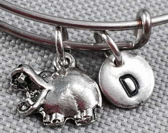 Hippopotamus charm bangle bracelet, hippo bracelet, animal bracelet, personalized bracelet, initial bracelet, gift for her