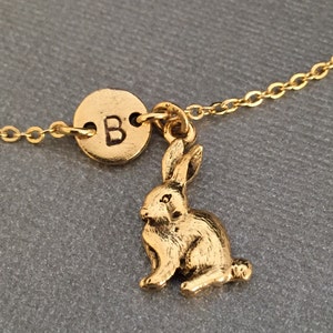 May include: A gold chain necklace with a gold charm of a rabbit and a gold disc charm with the letter "B" engraved on it.