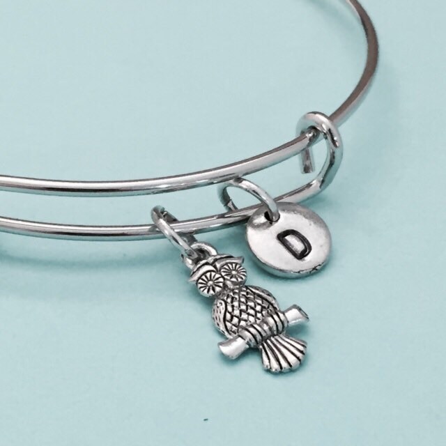 Owl bangle, owl charm bracelet, expandable bangle, charm bangle, personalized bracelet, initial brac