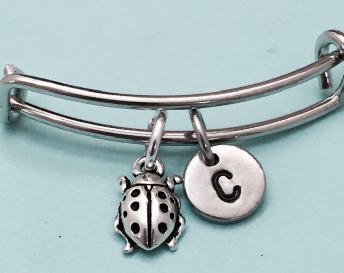 Ladybug bangle, ladybug charm bracelet, expandable bangle, charm bangle, personalized bracelet, initial bracelet, monogram