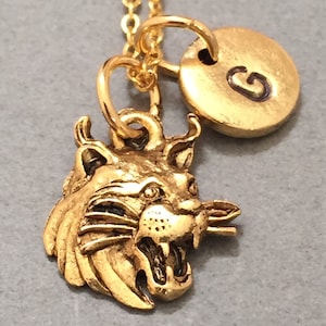 Wildcat head necklace, wildcat head charm, animal necklace, personalized necklace, initial necklace, initial charm, monogram