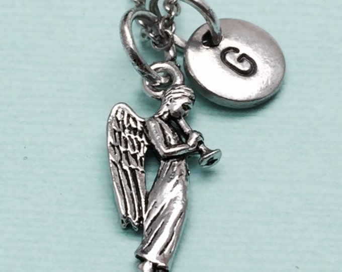Angel necklace, angel charm, religious necklace, personalized necklace, initial necklace, initial charm, monogram