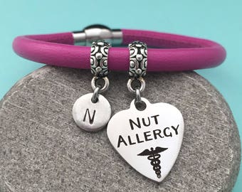 Nut allergy leather bracelet, nut allergy charm bracelet, leather bangle, personalized bracelet, initial bracelet, monogram