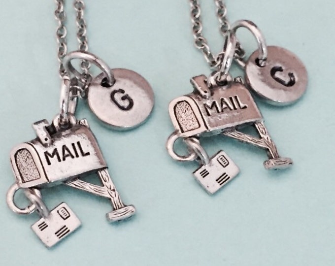 Best friend necklace, mailbox charm necklace, bff necklace, friendship jewelry, sister, friends, personalized necklace, initial