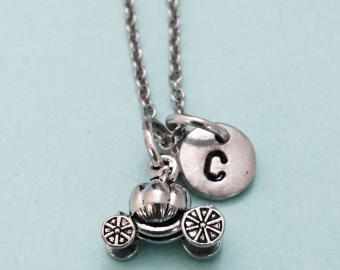 Pumpkin carriage necklace, pumpkin carriage charm, princess necklace, personalized necklace, initial necklace, initial charm, monogram