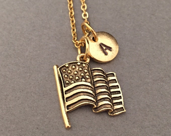 American flag necklace, American flag charm, patriotic necklace, personalized necklace, initial necklace, monogram