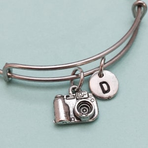 Camera bangle, camera bracelet, photographer, personalized bracelet, expandable bracelet, charm bangle, initial, monogram