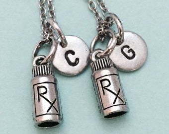 Best friend necklace, medicine bottle charm, pharmacist, bff necklace, friendship jewelry, sister, friends, college students, initial charm