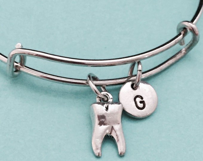 Tooth bangle, tooth charm bracelet, expandable bangle, charm bangle, personalized bracelet, initial bracelet, monogram