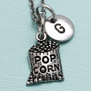 Popcorn charm necklace, popcorn jewelry, food necklace, food jewelry, personalized necklace, initial necklace, gift for her