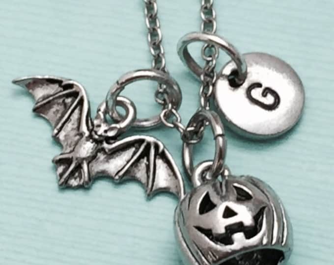 Halloween necklace, halloween charm, theme necklace, personalized necklace, initial necklace, initial charm, monogram