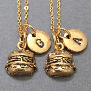 Best friend necklace, burger necklace, food necklace, bff necklace, sister, friendship jewelry, personalized necklace, initial, monogram