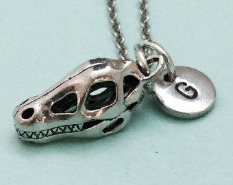 Dinosaur skull necklace, dinosaur skull charm, skull necklace, personalized necklace, initial necklace, initial charm, monogram