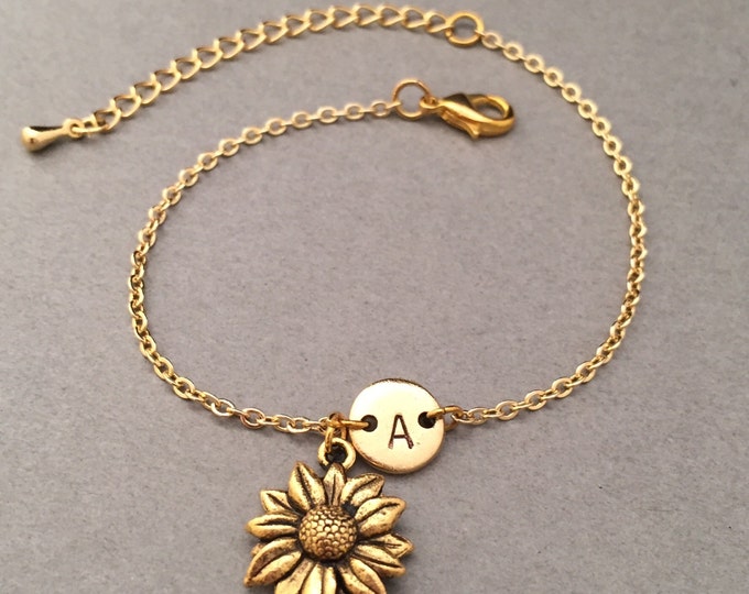Sunflower charm bracelet, sunflower charm, adjustable bracelet, flower, personalized bracelet, initial bracelet, monogram