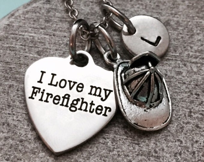 I love my firefighter necklace, firefighter charm, fireman necklace, personalized necklace, initial necklace, monogram