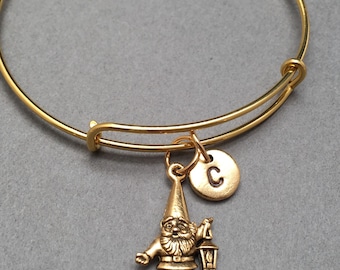 Brazalete de GNOME, pulsera de gnome, brazalete extensible, encanto pulsera, pulsera personalizada, pulsera inicial, monograma, Gnomo de jardín