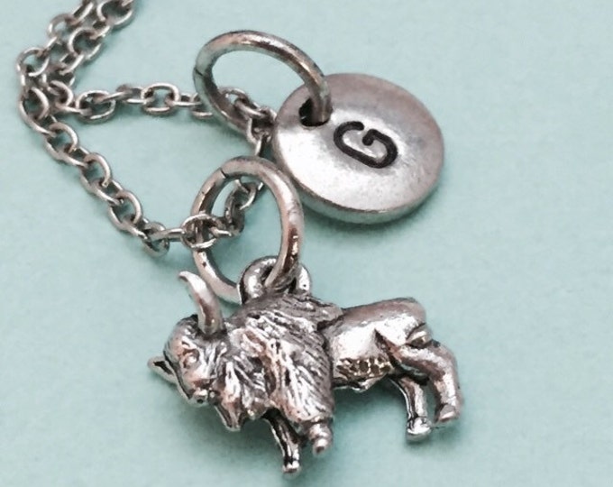 Buffalo necklace, buffalo charm, bison necklace, bison charm, personalized necklace, initial necklace, monogram, charm necklace