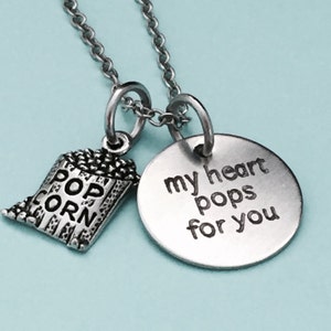 Valentine&#39;s Day, valentines necklace, valentines jewelry, quote necklace, couples necklace, love necklace, popcorn charm, food charm