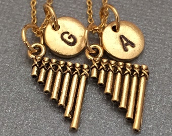 Best friend necklace, pan flute necklace, musical instrument necklace, bff necklace, friendship, personalized, initial, monogram
