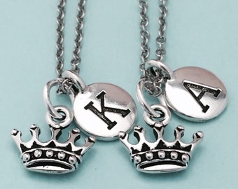 Best friend necklace, crown necklace, princess necklace, bff necklace, sister, friendship jewelry, personalized, initial, monogram